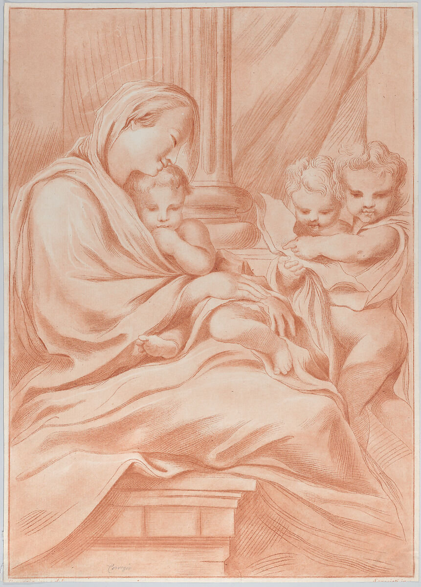 The Virgin and child with two angels, Andrea Scacciati (Italian, 1725–1771), Etching with sanguine tone 