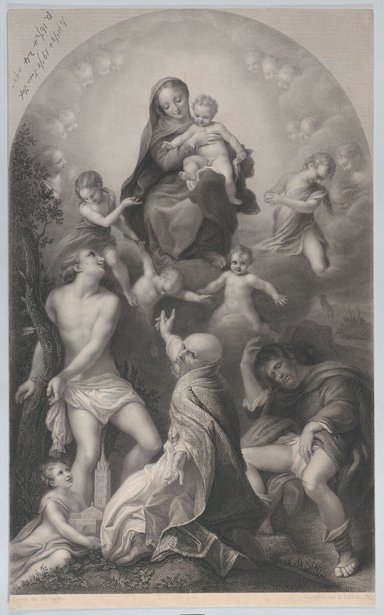 The Madonna of Saint Sebastian, with the Virgin and Child, surrounded by angels, looking down at Saint Sebastian, Saint Germinianus, and Saint Roch, Achille Désiré Lefèvre (French, Paris 1798–1864 Paris), Engraving 