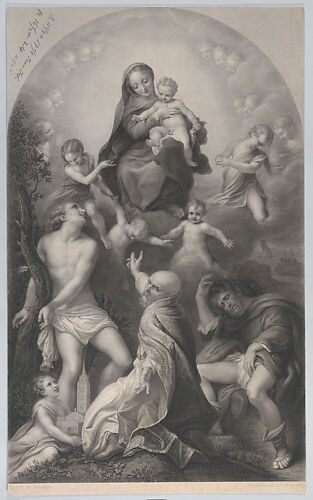 The Madonna of Saint Sebastian, with the Virgin and Child, surrounded by angels, looking down at Saint Sebastian, Saint Germinianus, and Saint Roch