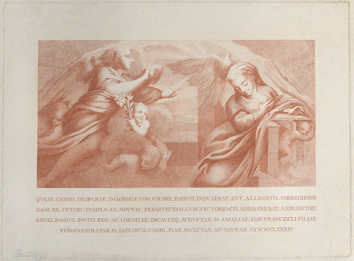 The Annunciation, with Gabriel at left and the Virgin at right, Benigno Bossi (Italian, 1727–1792), Etching and engraving in red ink 