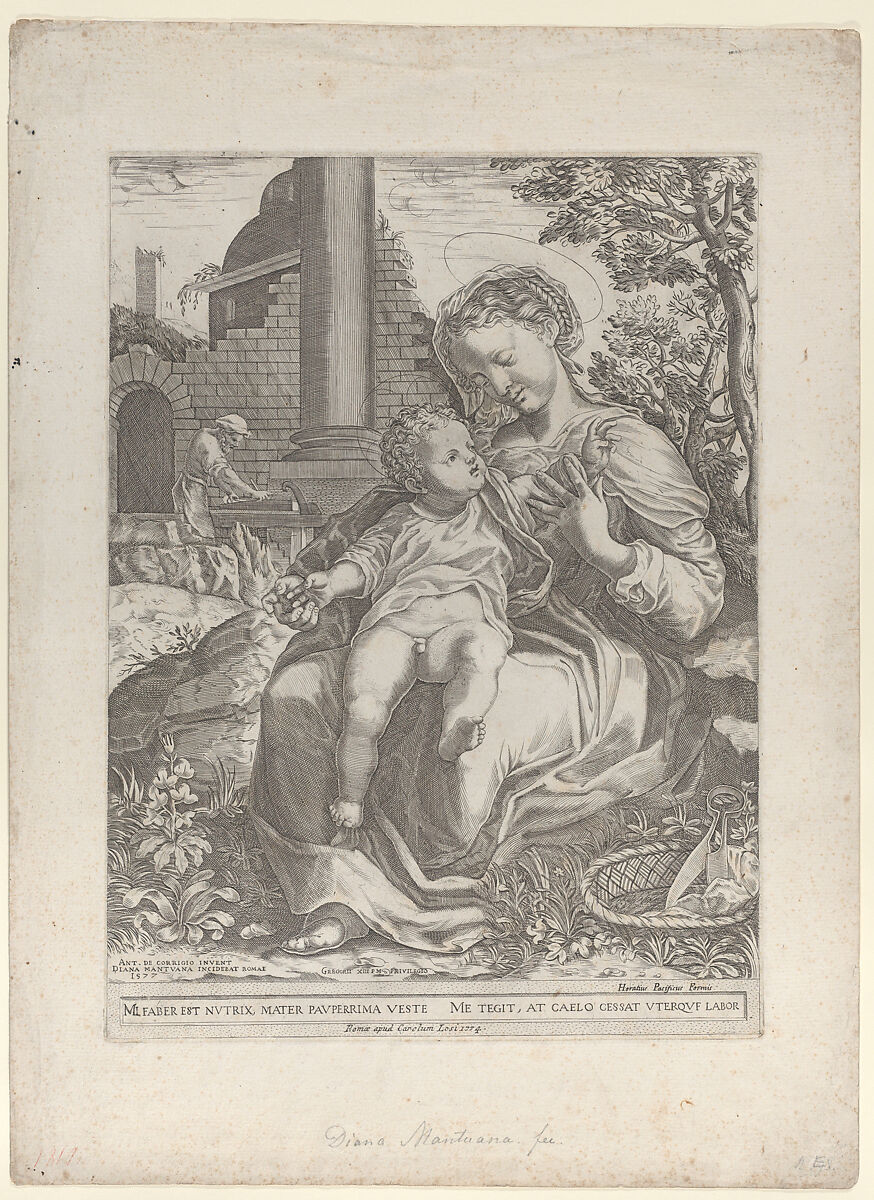 The Holy Family in Egypt, with Joseph as a carpenter in the background at left, Diana Scultori (Italian, Mantua ca. 1535?–after 1588 Rome), Engraving 