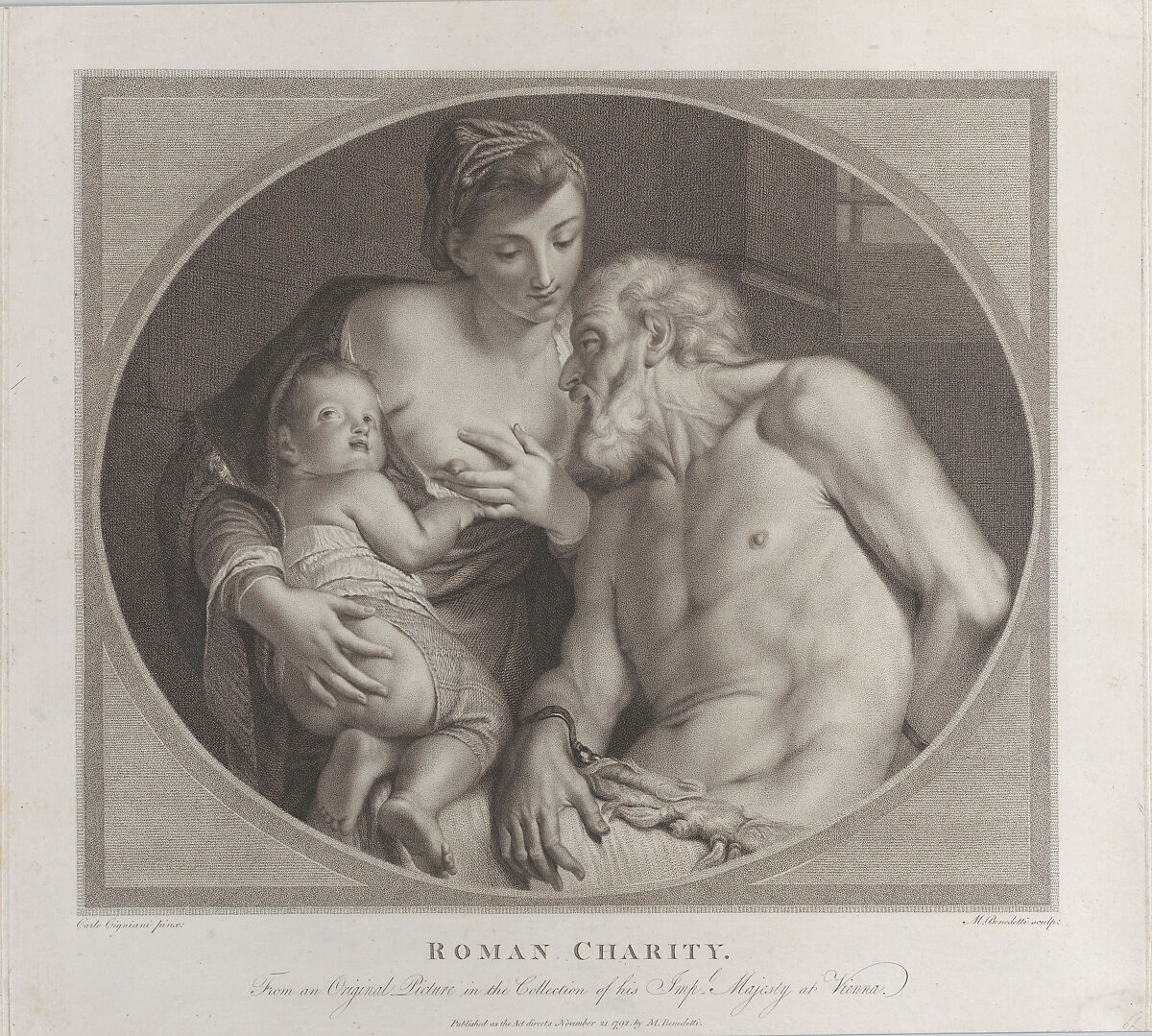 Roman Charity, with Pero, holding a small child, offering her right breast to the shackled Cimon, Michele Benedetti (Italian, Viterbe 1745–1810 Vienna), Stipple etching 