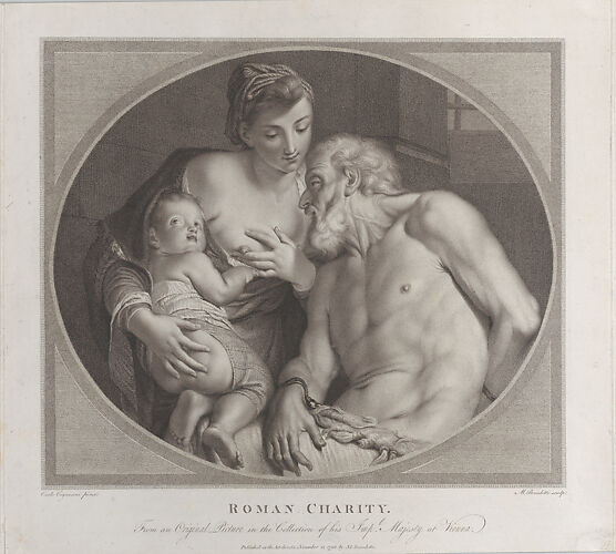 Roman Charity, with Pero, holding a small child, offering her right breast to the shackled Cimon