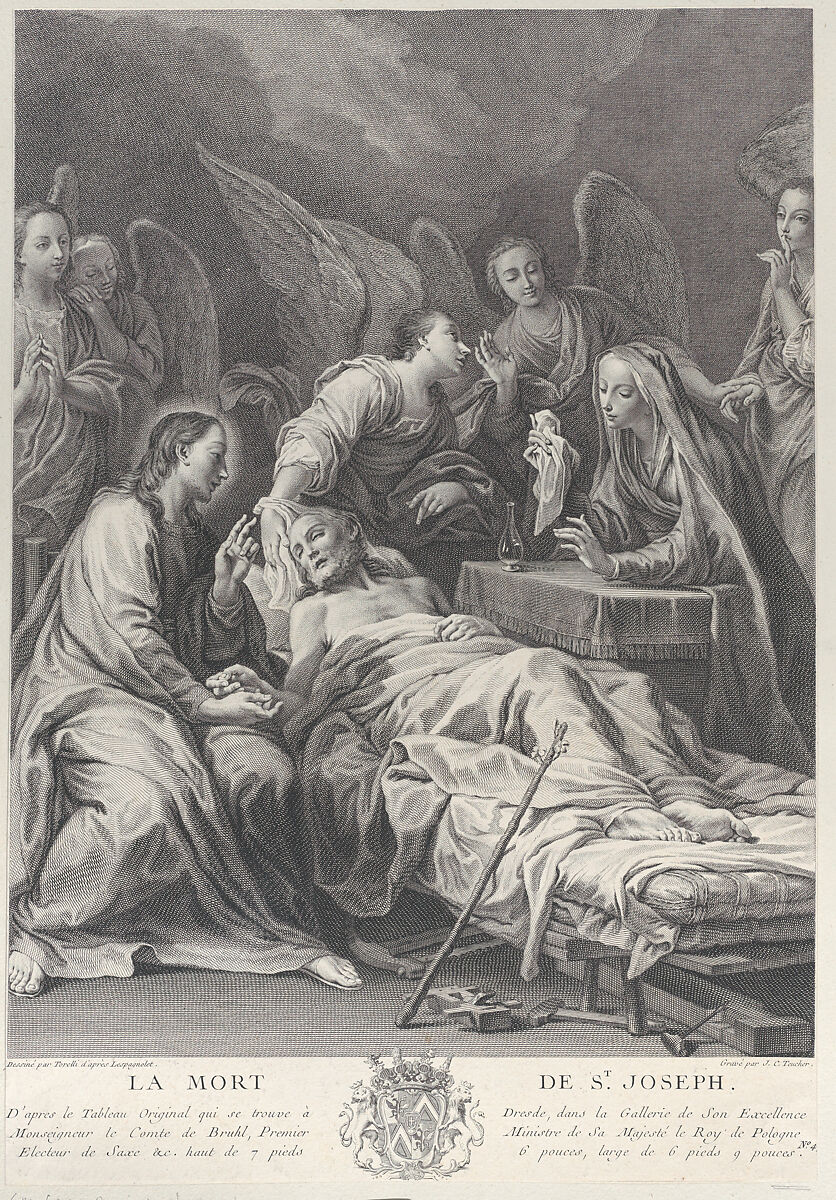 The death of Saint Joseph, lying on a bed, with Jesus, the Virgin Mary, and angels at his side, Johann Christian Teucher (German, 1716–1750), Etching 