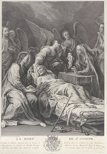 The death of Saint Joseph, lying on a bed, with Jesus, the Virgin Mary, and angels at his side