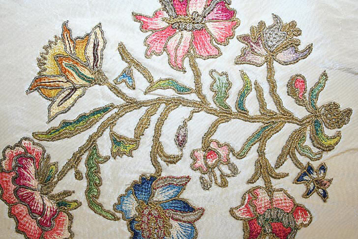 Apron, silk, metal thread, British