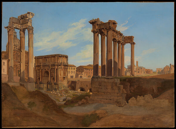 View of the Roman Forum with the Arch of Septimius Severus, Constantin Hansen (Danish, Rome 1804–1880 Frederiksberg), Oil on paper mounted on board 
