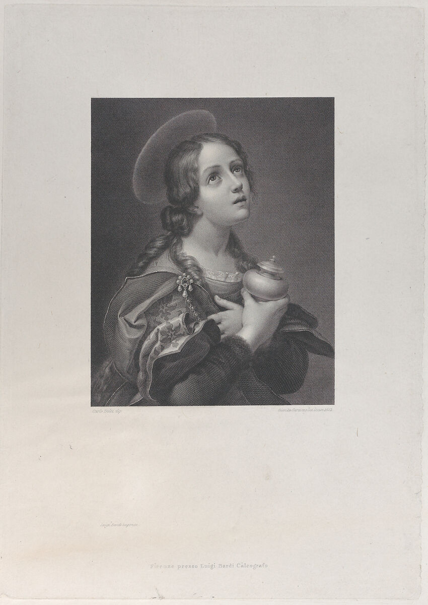Mary Magdalene as a young girl, clutching her unguent vase, Giovita Garavaglia (Italian, Pavia 1790–1835 Florence), Engraving 