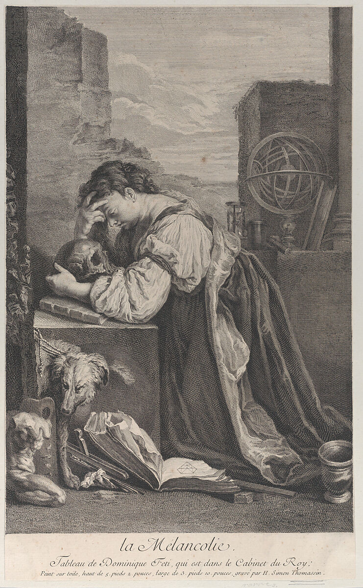 Allegory on Melancholy, with a woman kneeling towards the left holding a skull, Henri Simon Thomassin (French, Paris 1687–1741), Etching and engraving 