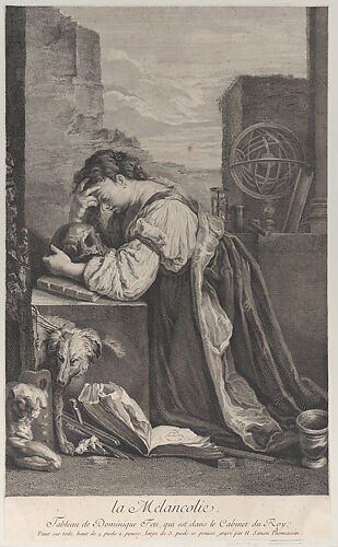 Allegory on Melancholy, with a woman kneeling towards the left holding a skull