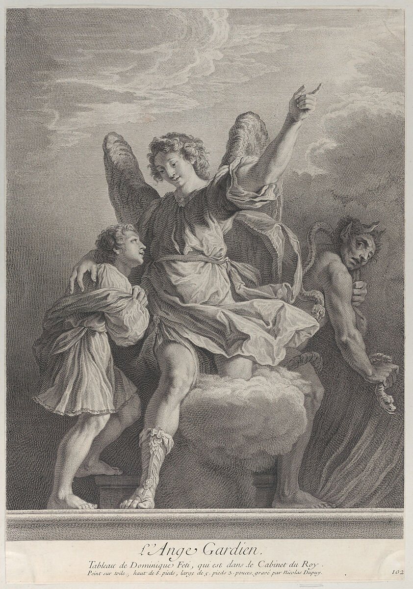The Guardian Angel, stepping off a cloud and putting his arm around a young boy at left while a demon walks away at right, Nicolas Gabriel Dupuis (French, Paris 1698–1771 Paris), Etching and engraving 