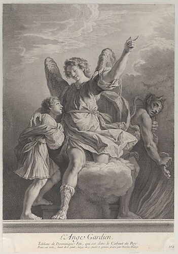 The Guardian Angel, stepping off a cloud and putting his arm around a young boy at left while a demon walks away at right