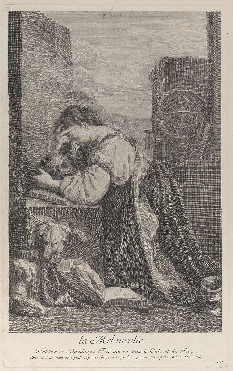 Allegory on Melancholy, with a woman kneeling towards the left holding a skull, Henri Simon Thomassin (French, Paris 1687–1741), Etching and engraving 