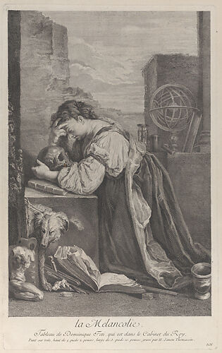 Allegory on Melancholy, with a woman kneeling towards the left holding a skull