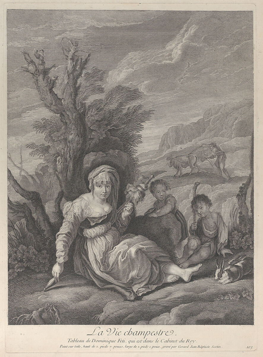 A country woman sitting in landscape with two boys at her side, Gérard Jean Baptiste Scotin I (French, 1671–1716), Etching and engraving 