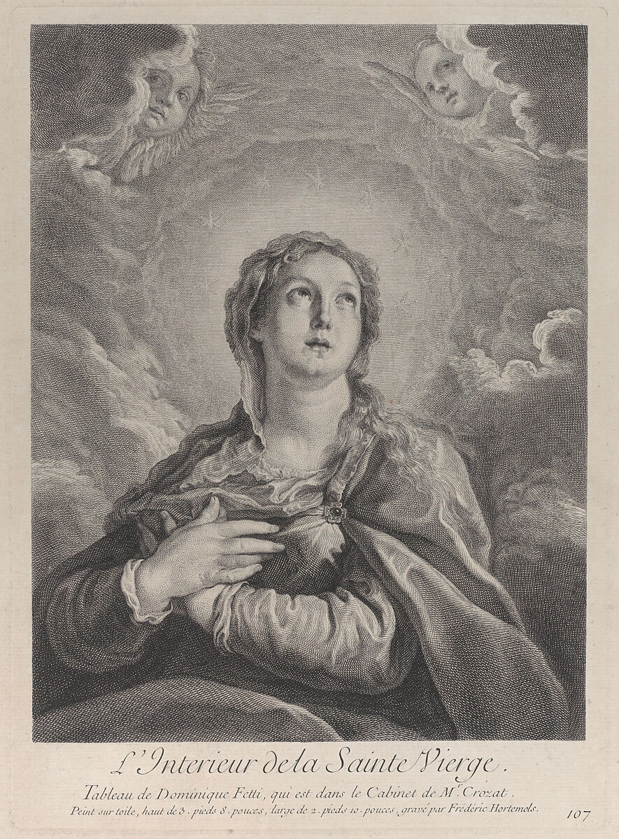 The Virgin, hands folded on her chest, looking upwards, Frédéric Horthemels (French, 1680/88–1738), Etching and engraving 