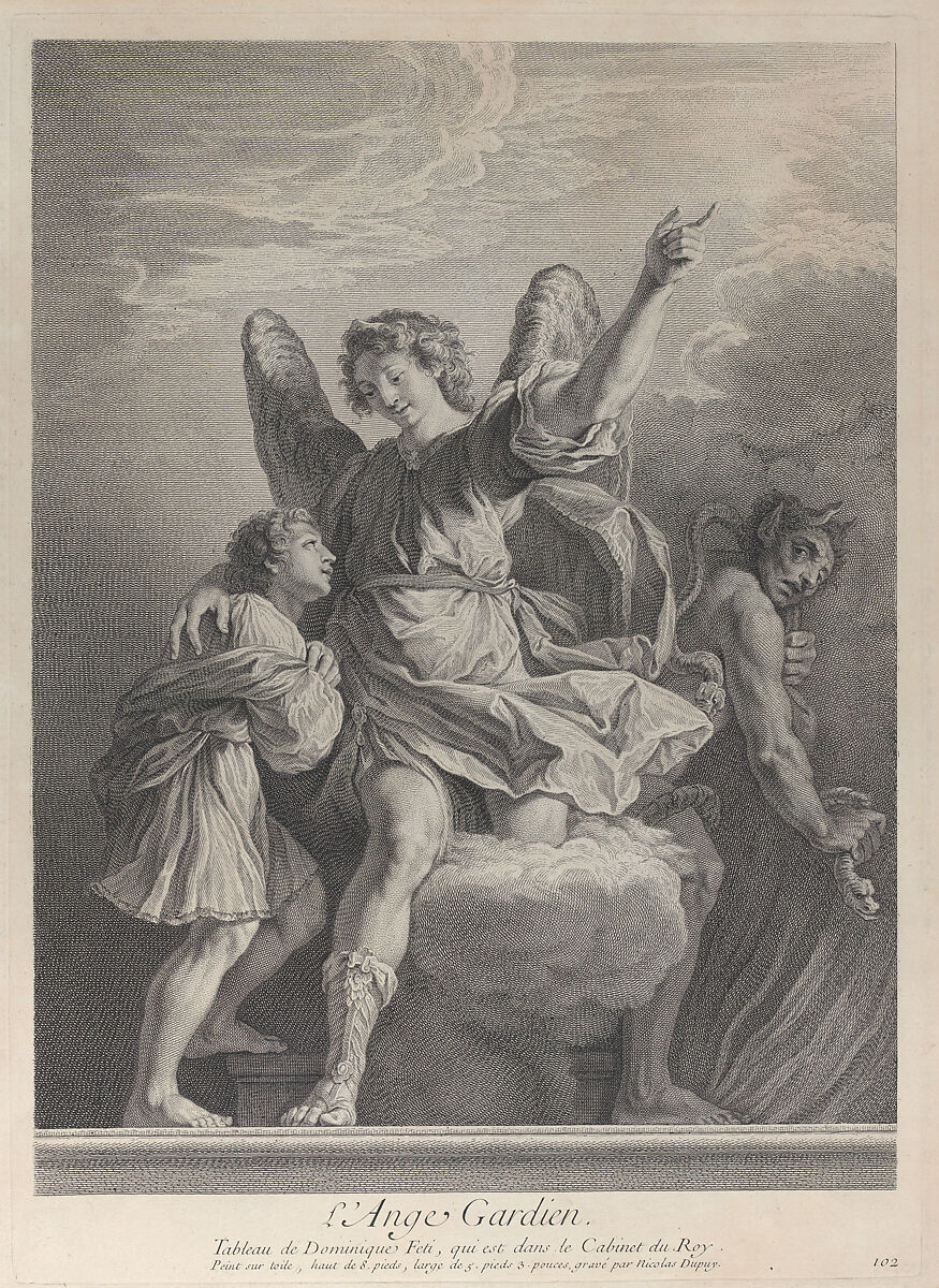 The Guardian Angel, stepping off a cloud and putting his arm around a young boy at left while a demon walks away at right, Nicolas Gabriel Dupuis (French, Paris 1698–1771 Paris), Etching and engraving 