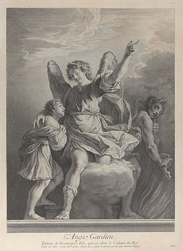 The Guardian Angel, stepping off a cloud and putting his arm around a young boy at left while a demon walks away at right