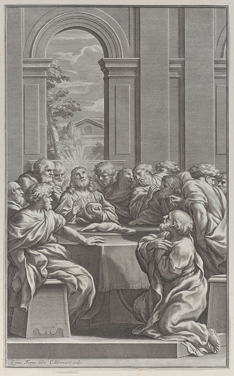 The Last Supper, the interior of a classical building with Christ and his apostles seated at a table, Cornelis Bloemaert (Dutch, Utrecht 1603–?1684 Rome), Engraving 