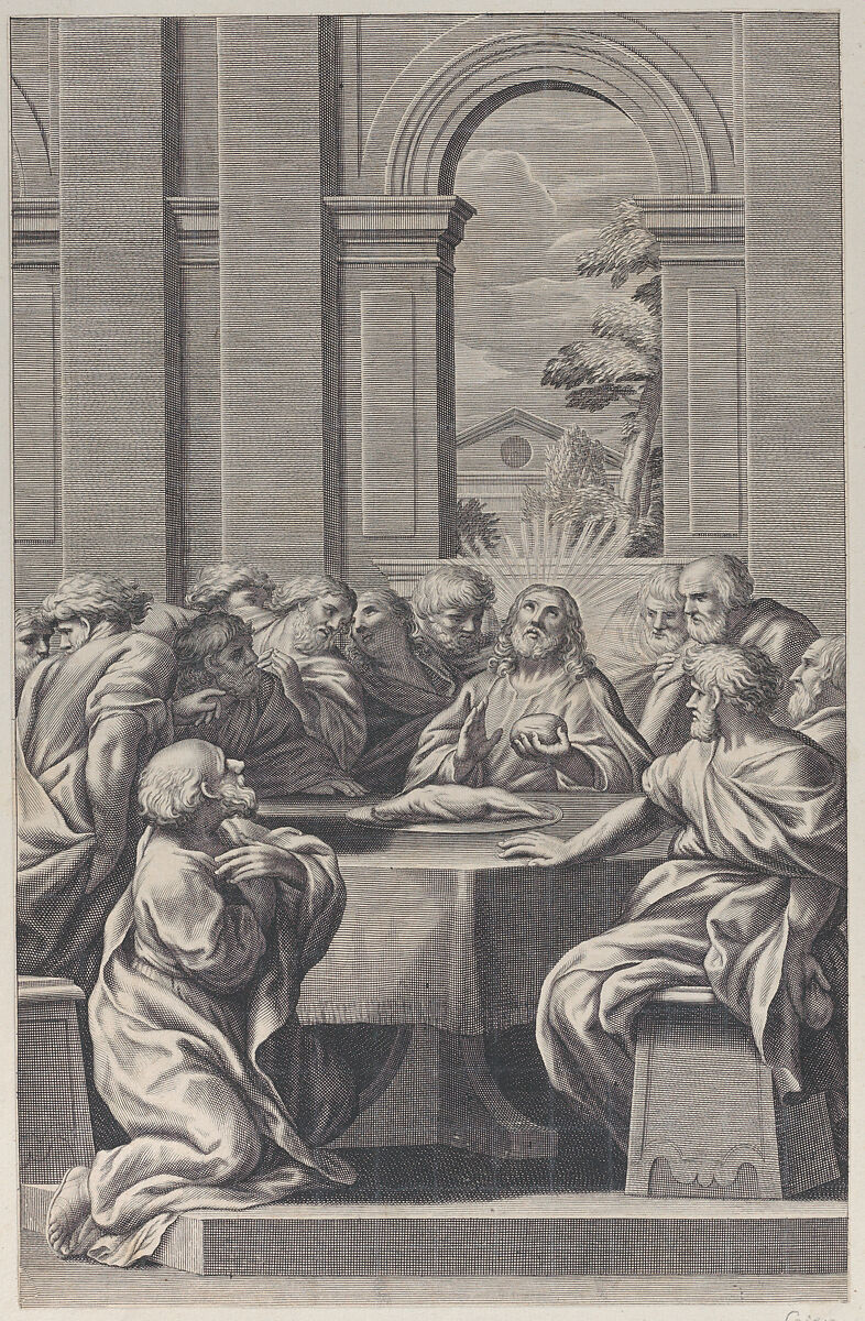 The Last Supper, the interior of a classical building with Christ and his apostles seated at a table, François Spierre (French, Nancy 1639–1681 Marseilles), Engraving 
