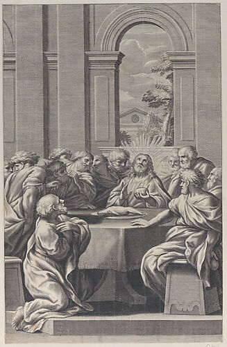 The Last Supper, the interior of a classical building with Christ and his apostles seated at a table