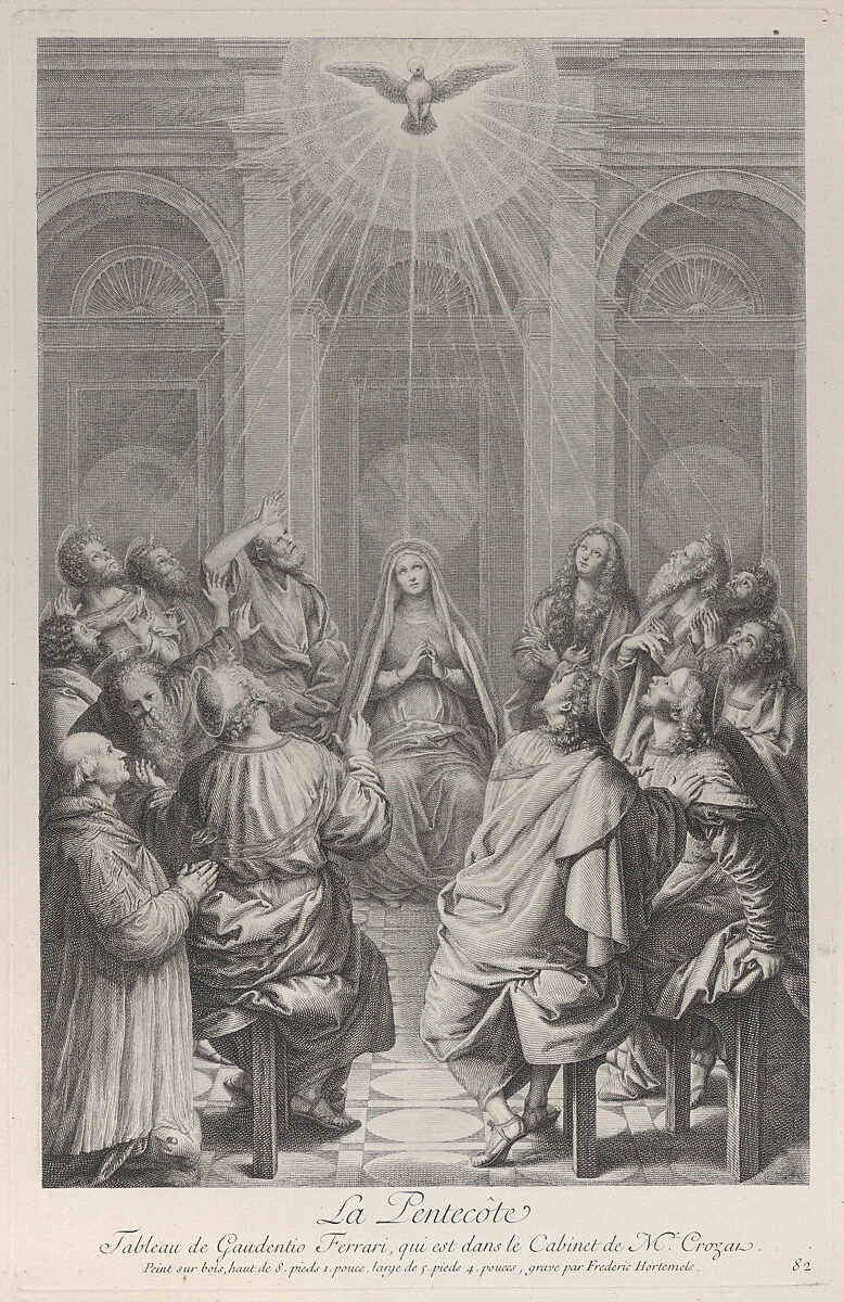 The Pentecost, with the Apostles and the Virgin sitting in a circle, the Holy Spirit appearing above them, and a donor kneeling at left, Frédéric Horthemels (French, 1680/88–1738), Etching and engraving 