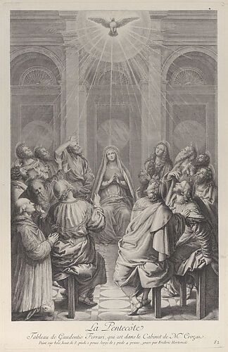 The Pentecost, with the Apostles and the Virgin sitting in a circle, the Holy Spirit appearing above them, and a donor kneeling at left