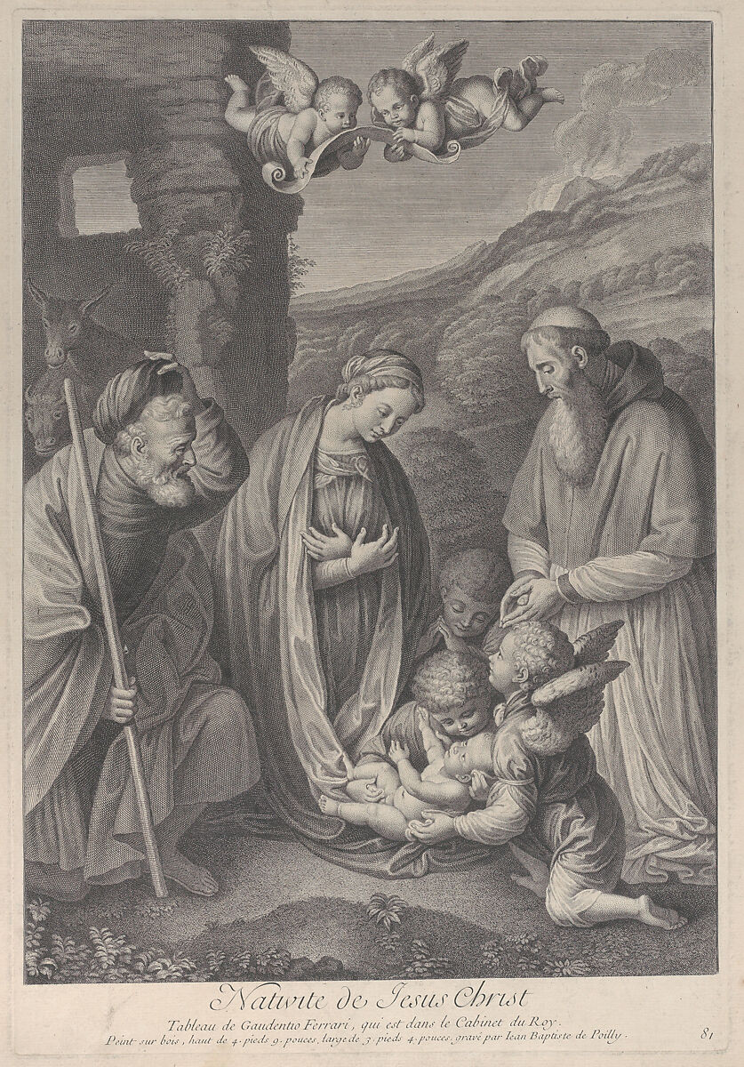 The Nativity, with Saint Joseph, the Virgin, and a male saint adoring Christ Child, who lies at center, supported by angels, Jean-Baptiste de Poilly (French, 1669–1728), Etching and engraving 