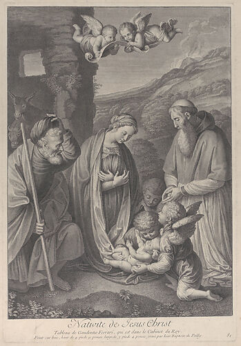 The Nativity, with Saint Joseph, the Virgin, and a male saint adoring Christ Child, who lies at center, supported by angels