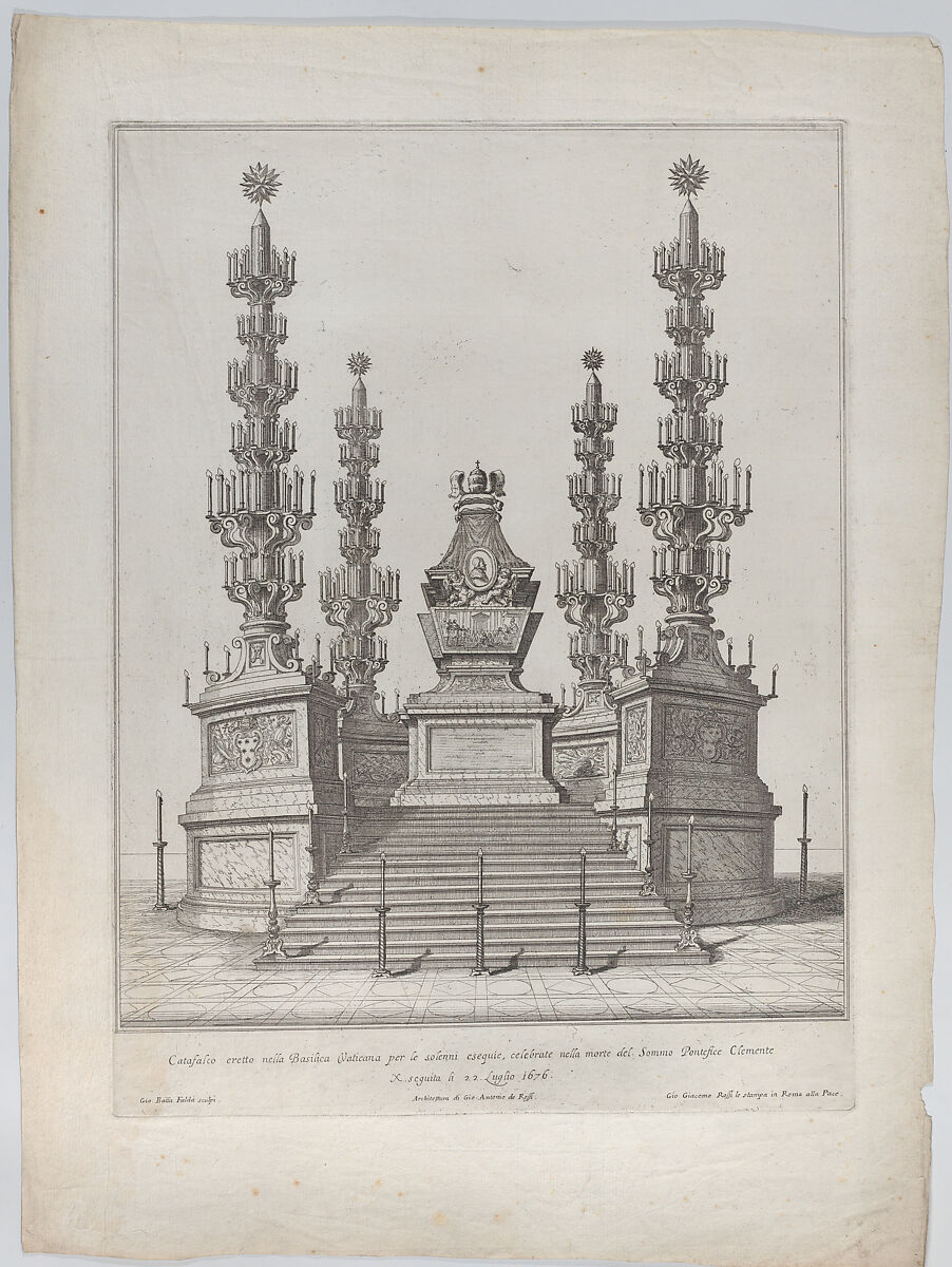 Catafalque for Pope Clement X: a central structure raised on a 15 stepped platform, with columns surmounted by elaborate candelabra at each corner, Giovanni Battista Falda (Italian, Valduggia 1643–1678 Rome), Engraving 