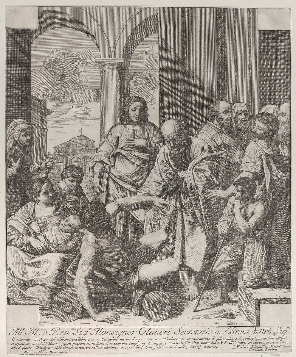Saints Peter and John healing the sick at the gate of the temple, Hieronymus Ferroni (1687–1730), Etching 