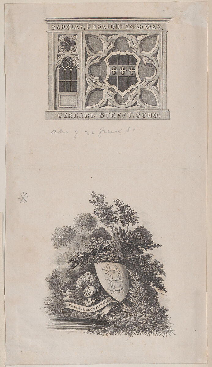 Trade Card for Barclay, Heraldic Engraver, Anonymous, British, 19th century, Engraving 