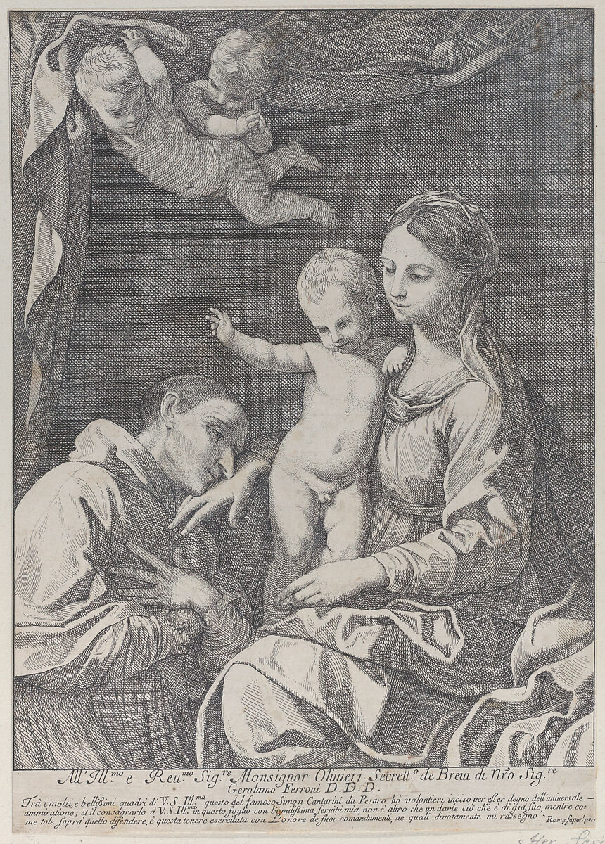 The Virgin and Child adored by Saint Carlo Borromeo, who kisses her hand, Hieronymus Ferroni (1687–1730), Etching 