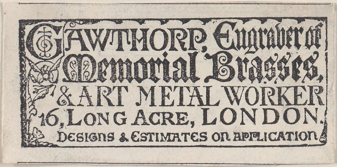 Trade card for Gawthorp, Engraver and Art Metal worker, Anonymous, British, 19th century, Engraving 