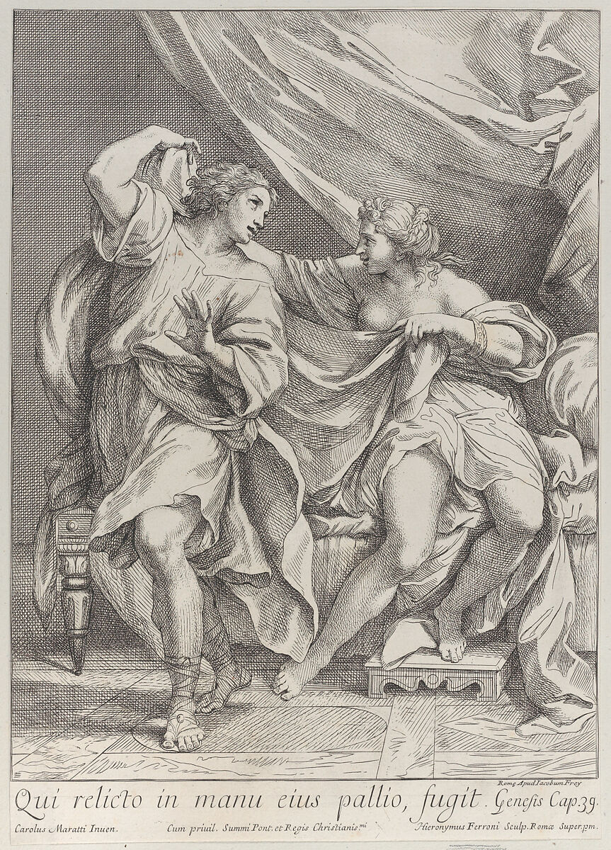 Joseph and Potiphar's wife, Hieronymus Ferroni (1687–1730), Etching 