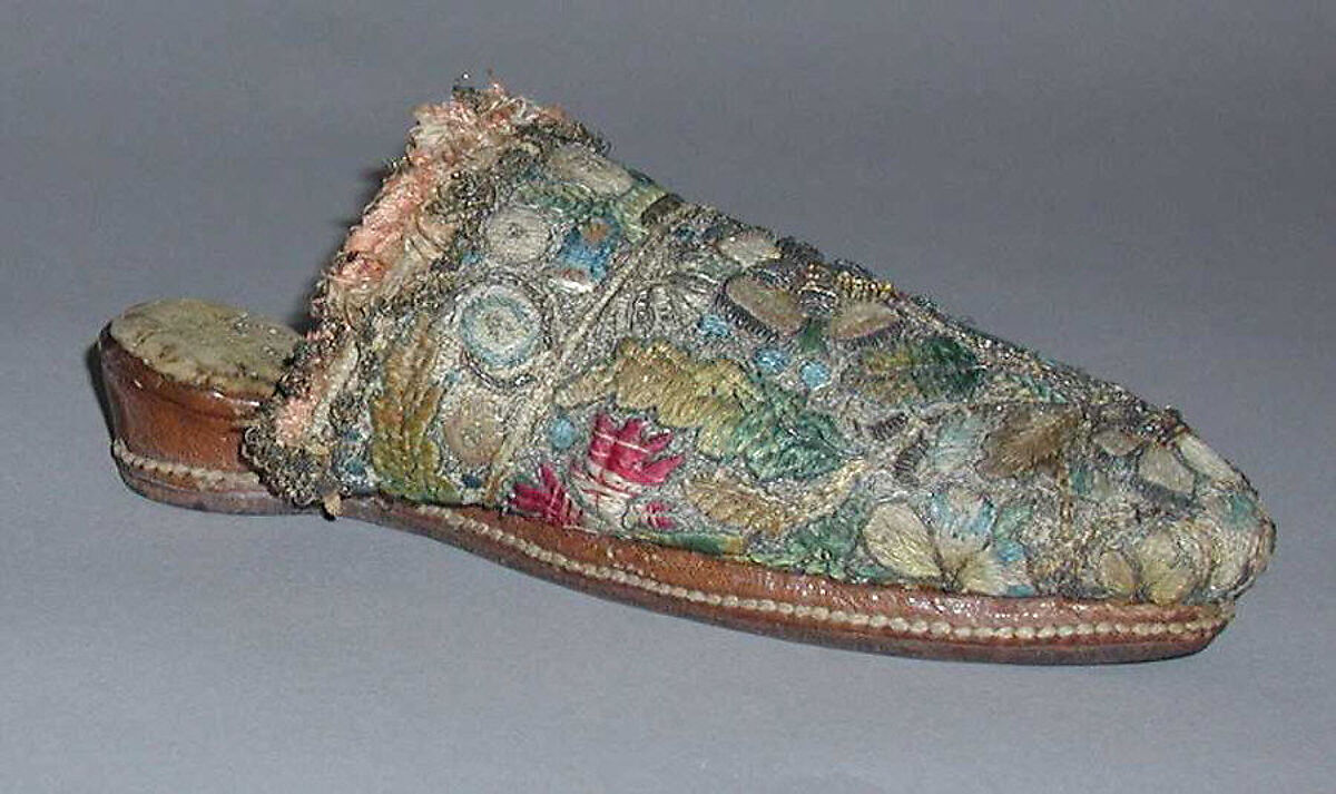 Mules, linen, silk, metallic, leather, British