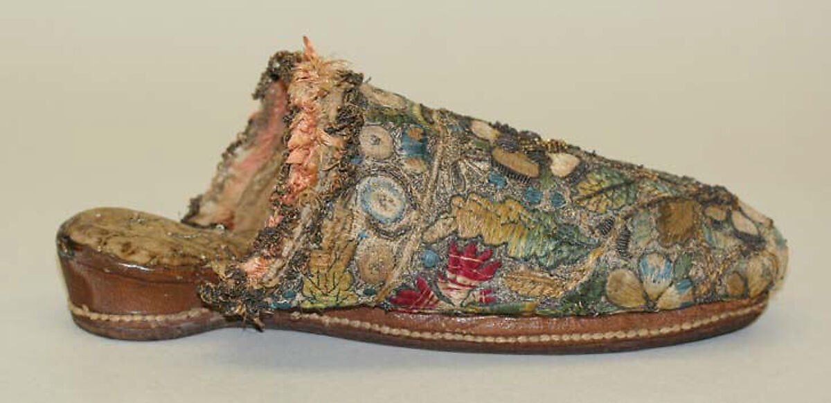 Mules, linen, silk, metallic, leather, British