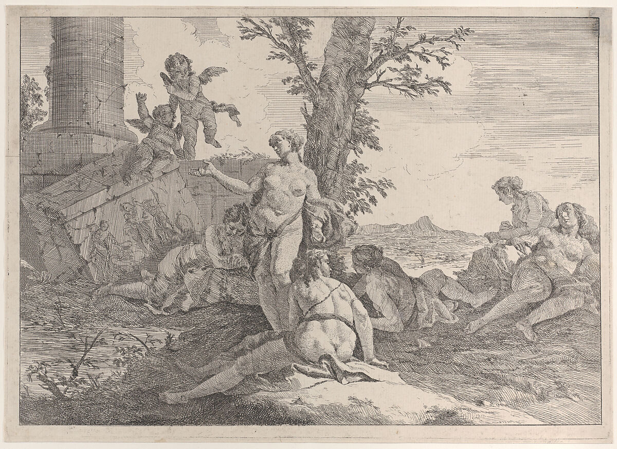 Six nymphs and two putti, from "Bacchanals and Histories", Francesco Fontebasso (Italian, Venice 1707–1769 Venice), Etching 