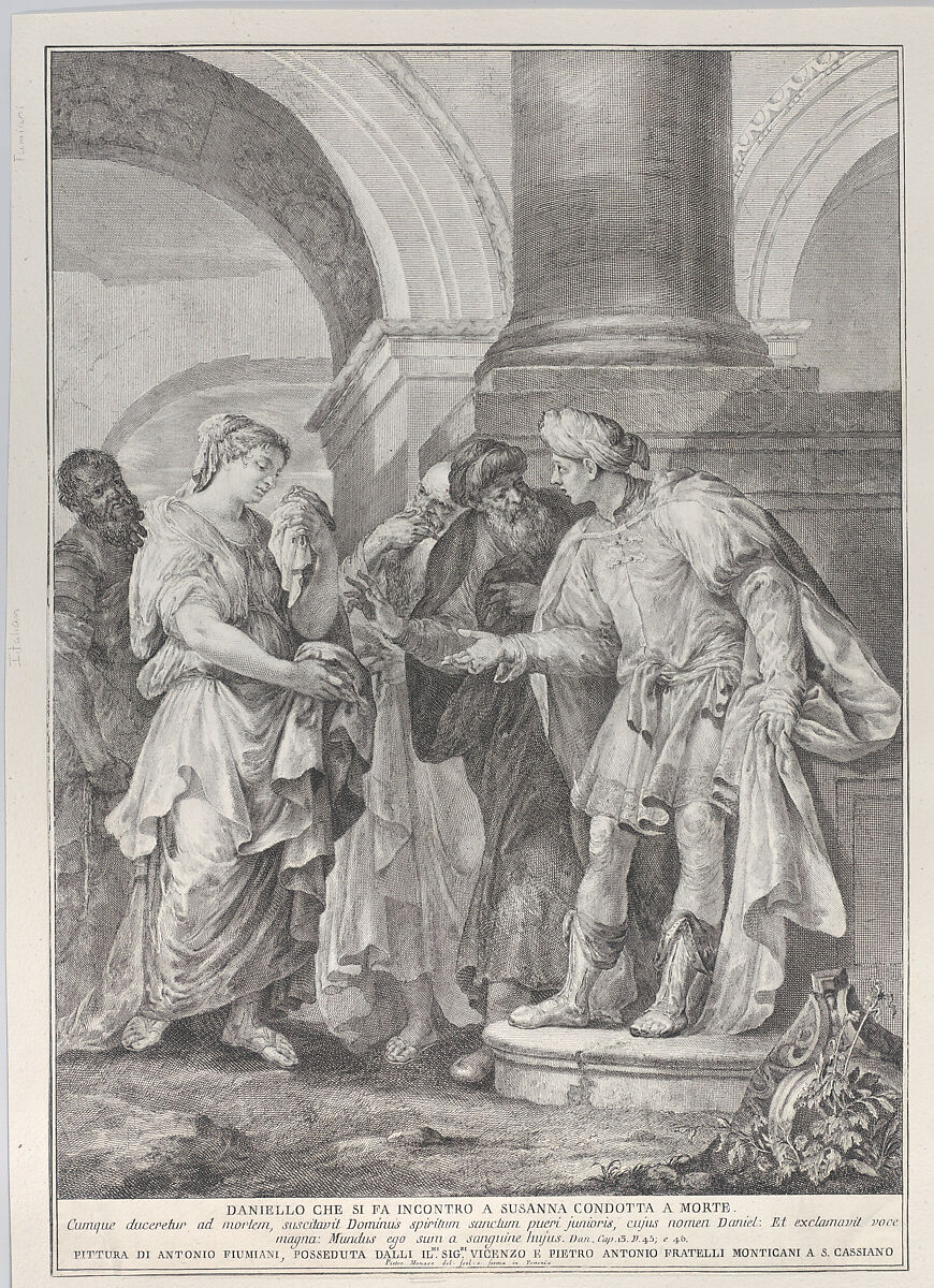 Daniel argues with the elders while Susanna stands at left, Pietro Monaco (Italian, Belluno 1707–1772 Venice), Etching and engraving 