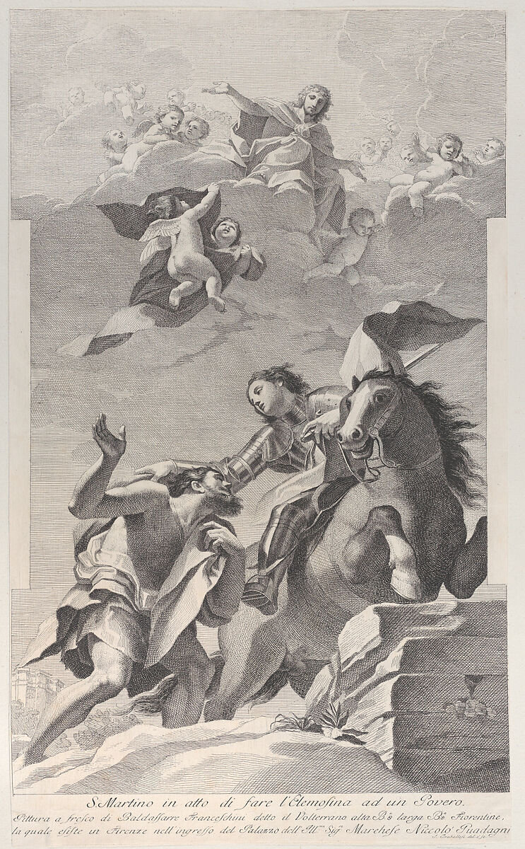 Saint Martin, on horseback, giving his cloak to a beggar, angels overhead, Giuliano Traballesi (Italian, Florence 1727–1812 Milan), Etching 