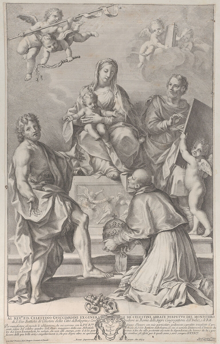 Madonna and Child at center with Saint John the Baptist, Saint Luke, Pope Peter Celestini, and angels, Robert van Audenaerde (Flemish, Ghent 1663–1743 Ghent), Etching and engraving 