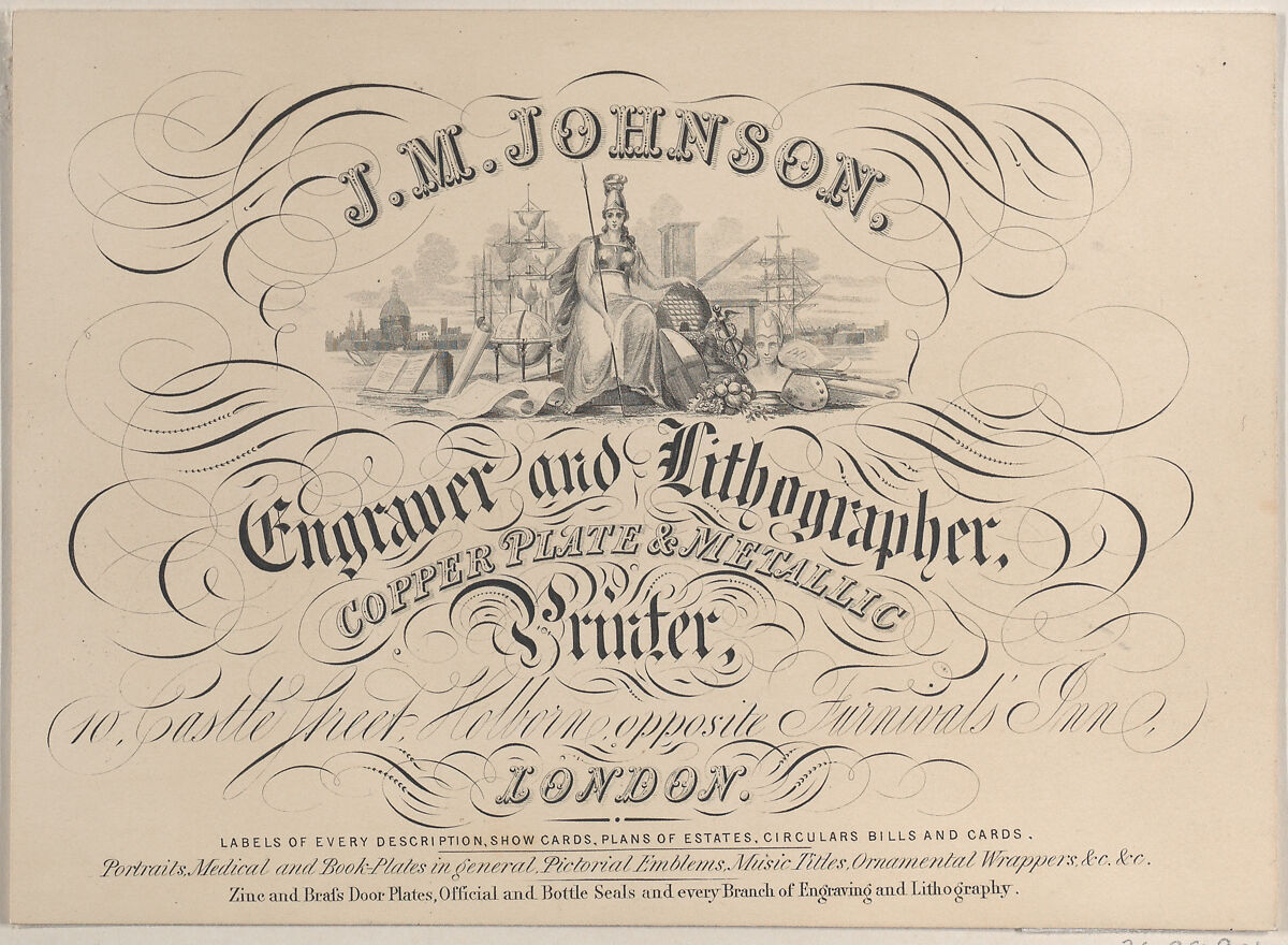 Trade card for J.M. Johnson, Engraver and Lithographer, Anonymous, British, 19th century, Engraving 