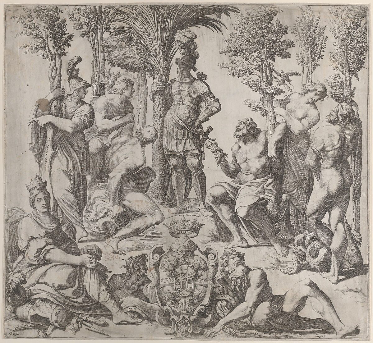 Allegorical composition with six Olympian gods gathered around a figure in armor, Oliviero Gatti (Italian, active Bologna 1610–30), Engraving 