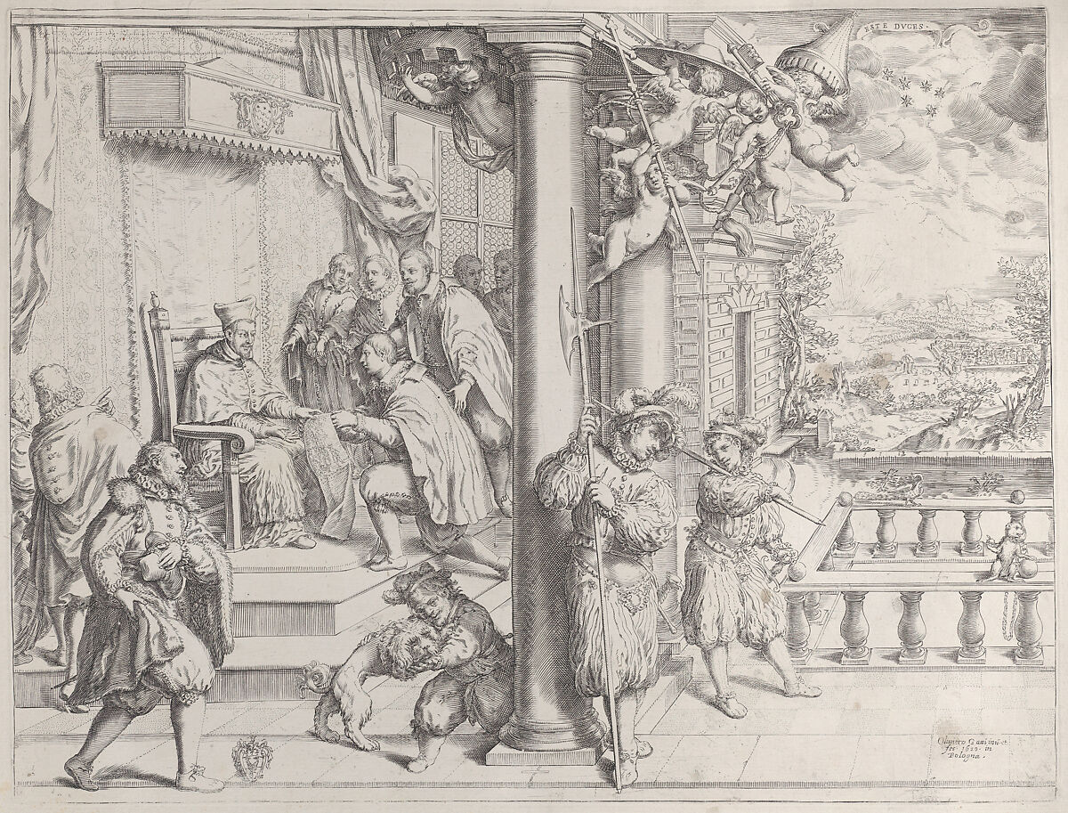 A Young Man Presenting his Thesis to Cardinal Aldobrandini, Oliviero Gatti (Italian, active Bologna 1610–30), Engraving 