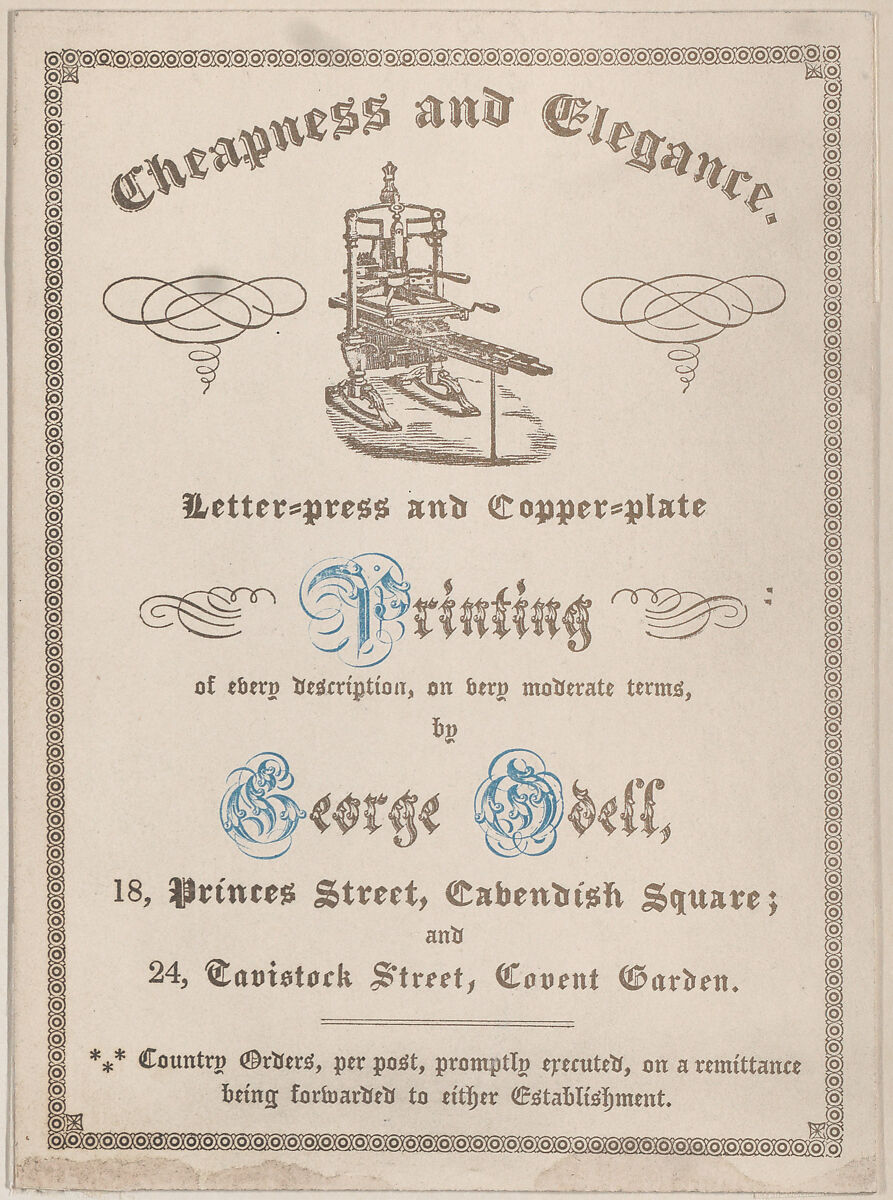 Trade card for George Odell, Printer, Anonymous, British, 19th century, Engraving 