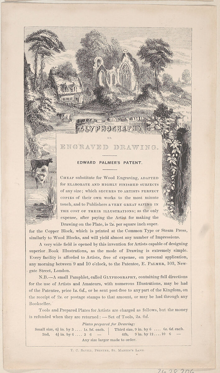 Trade Card for Edward Palmer, Glyphographic Printer and Engraver, Alfred Ashley (British, 1821–1897), Engraving 