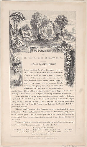 Trade Card for Edward Palmer, Glyphographic Printer and Engraver