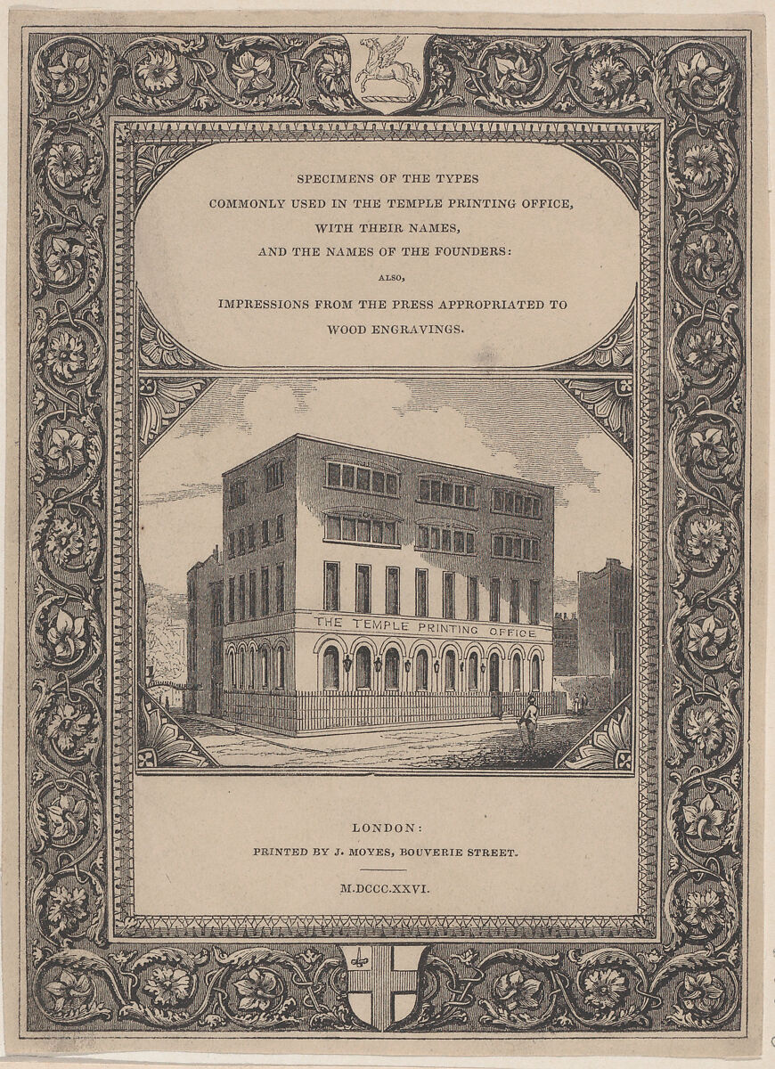 Trade Card for the Temple Printing Office, Printers and Wood Engravers, James Moyes (British, active from 1822), Engraving 