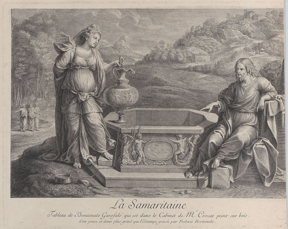 Christ, seated at right, and the woman of Samaria, who stands at left, Frédéric Horthemels (French, 1680/88–1738), Etching and engraving 