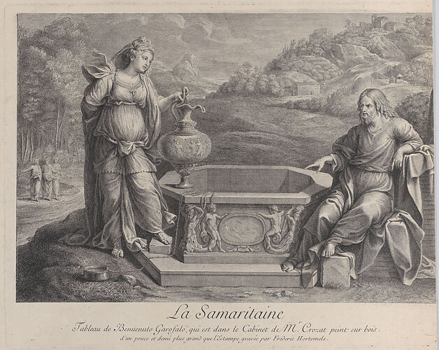 Christ, seated at right, and the woman of Samaria, who stands at left